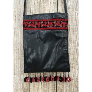 Vtg Wilsons Leather‎ Maxima Black Crossbody Handbag Embroidered Fringe Boho Y2K